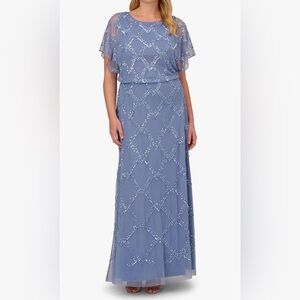 NWOT ADRIANNA PAPELL HAND-BEADED LONG GOWN WITH FLUTTER SLEEVES; FRENCH BLUE